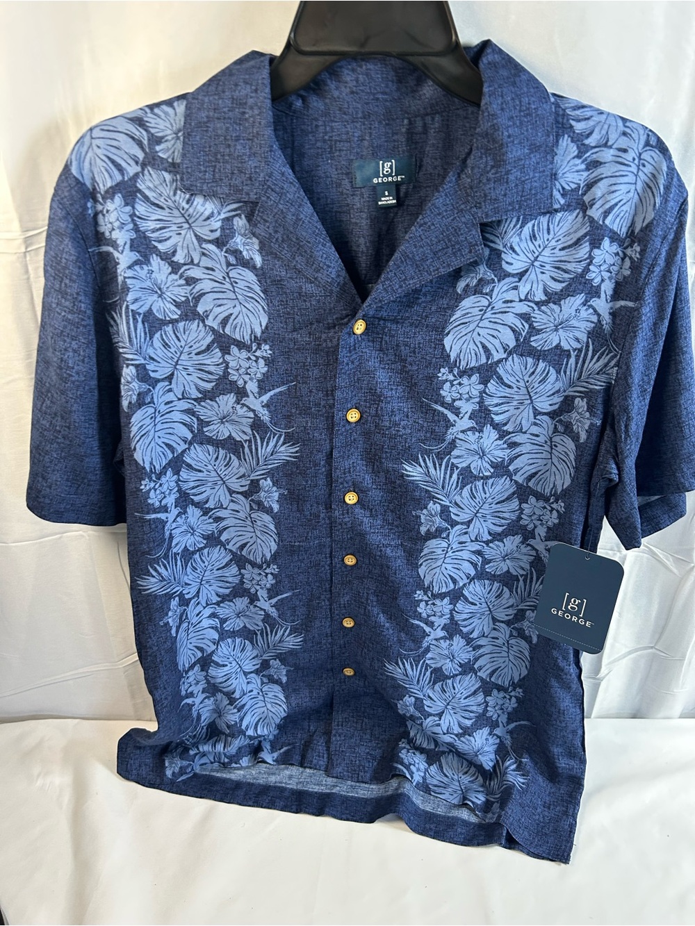 George Men's Navy Blue Tropical Print Short-Sleeve Button-Up Shirt